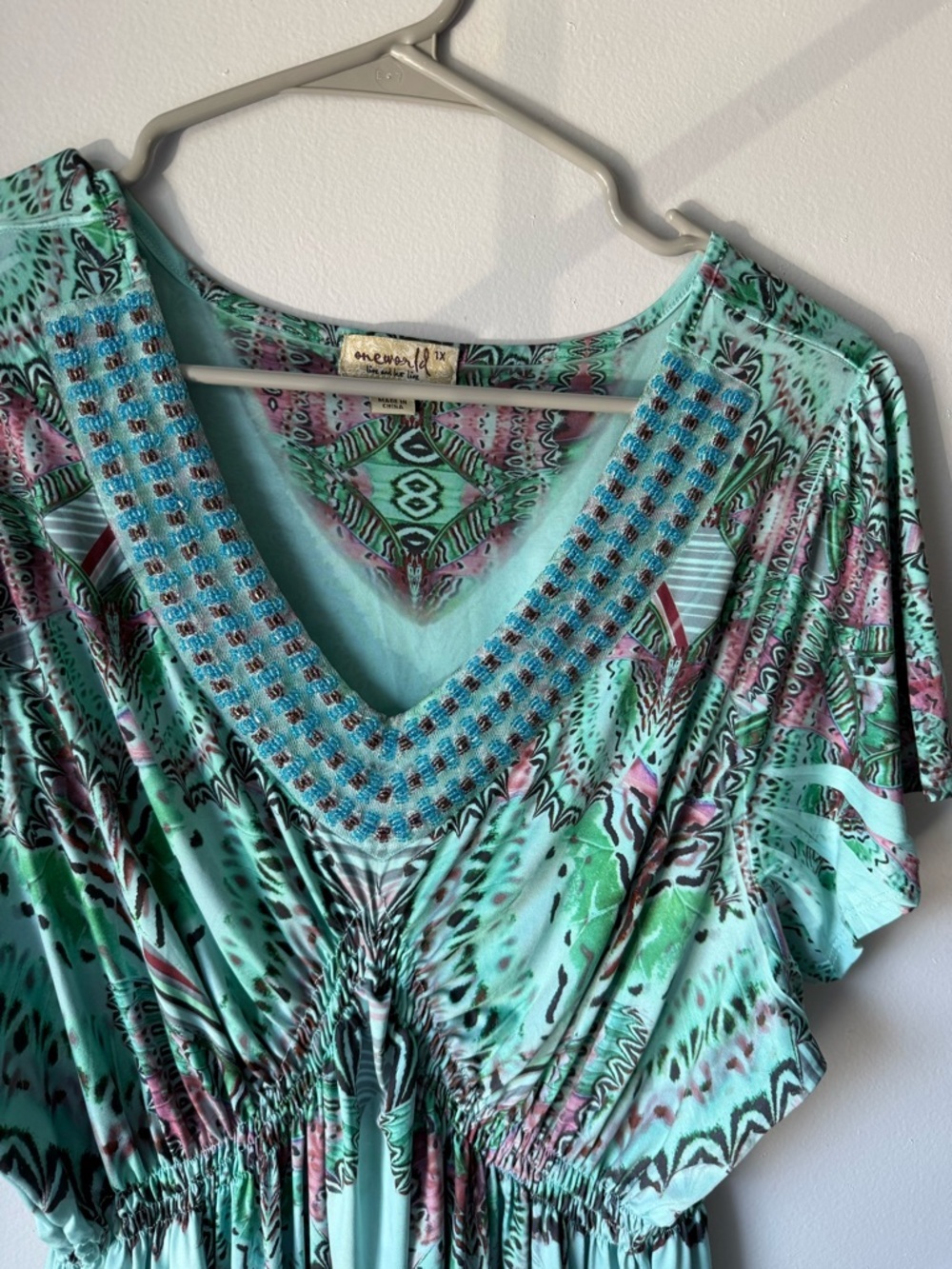 ONE WORLD Multicolor Blue Paisley Midi Hippie Boho Dress Beaded Vneck Size XL 1X - Picture 8 of 10